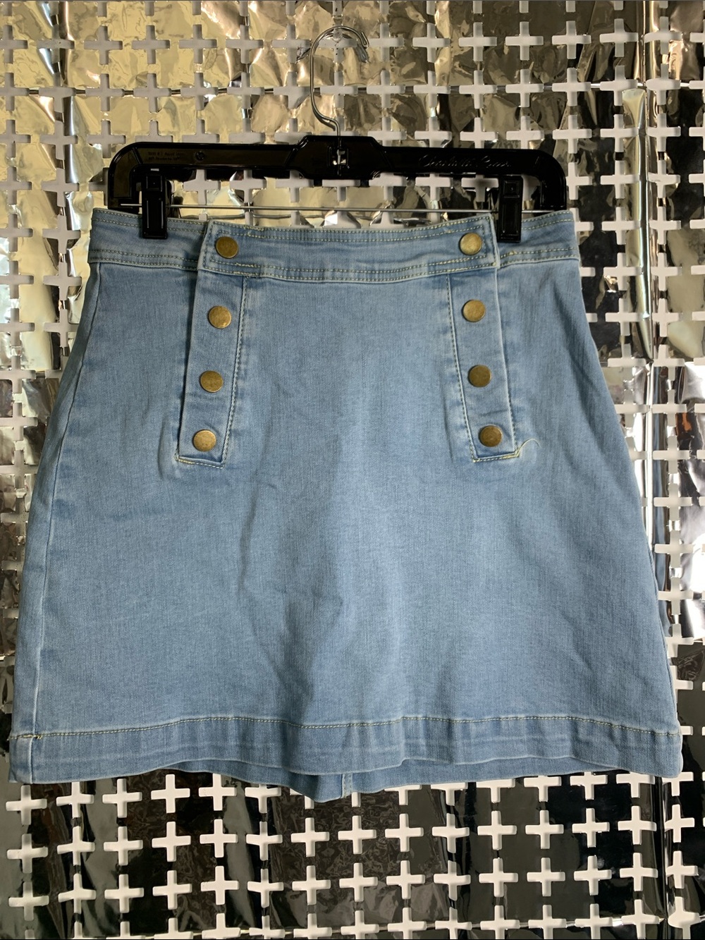 Belle Poque Light Wash Denim Mini Skirt with Button-Detail